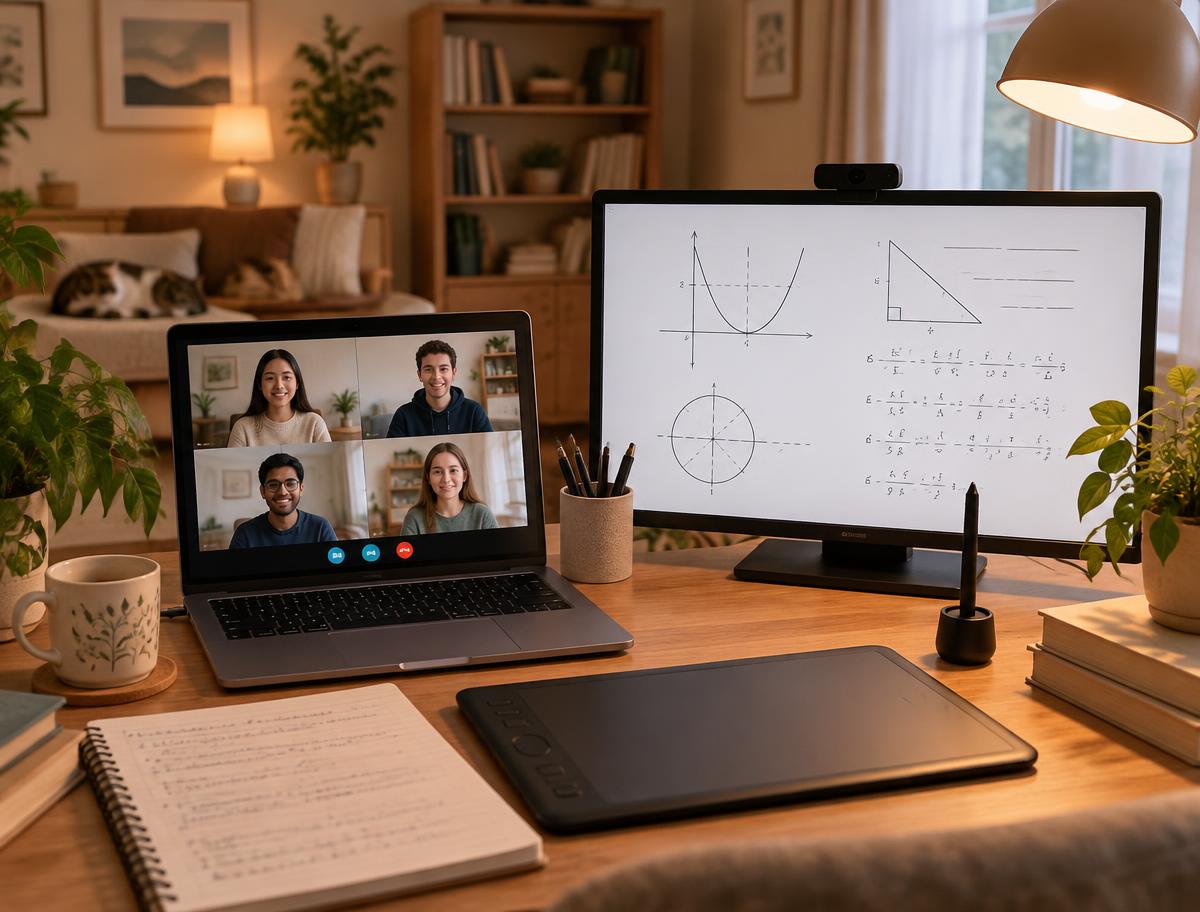 Online teaching setup with a laptop, digital whiteboard and graphics tablet